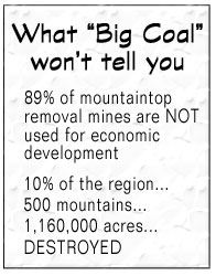 Mountaintop removal reclamation FAIL - What 'big coal' won't tell you:  89% of mine sites are NOT used for economic development; 10% of the region, 500 mountains, and 1,160,000 acres destroyed by mountaintop removal mining.