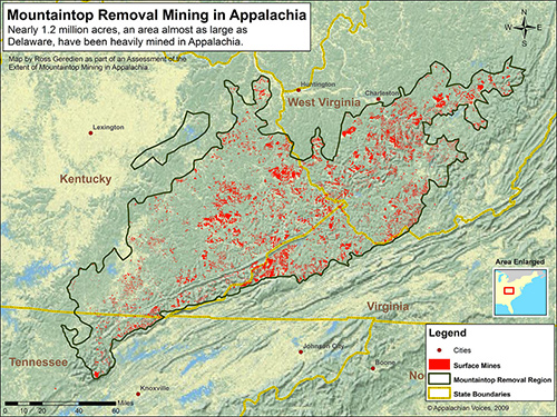 Chart showing where mountaintop removal is taking place in central and southern Appalachia